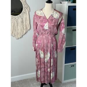 Vintage 80s Argenti 100% Silk Pink Jacquard Midi Long-sleeve Shirt Dress 8